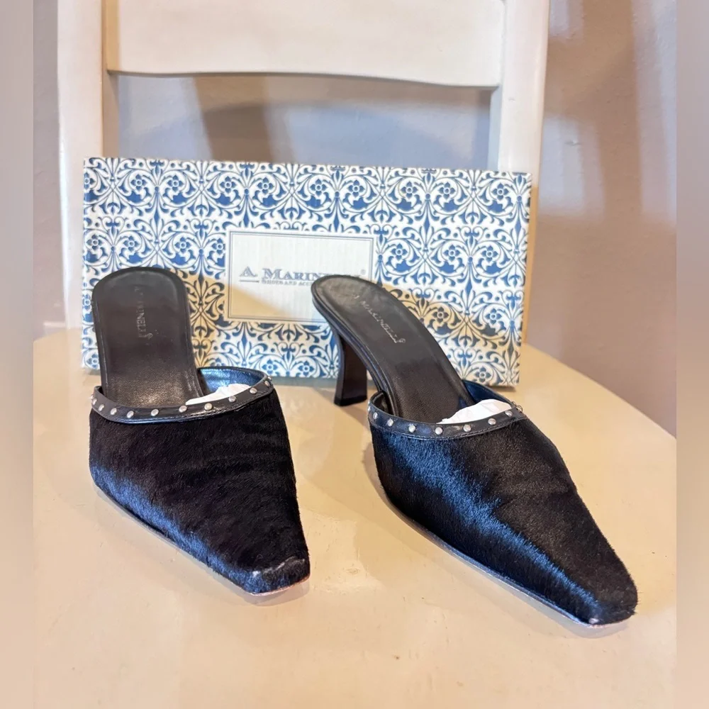 Vintage A. Marinelli black calf hair mules pointed toe  silver tone studs - Picture 2 of 7